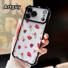 Ladybug Floral Dream Pattern Phone Case For IPhone 17 Pro Max 16 15 Plus Air 14 13 12 11 E Electroplated Cover With Airbag Shockproof Soft Silicone Casing,Suitable For IPhone17 Air - 粉色 - 查看 5