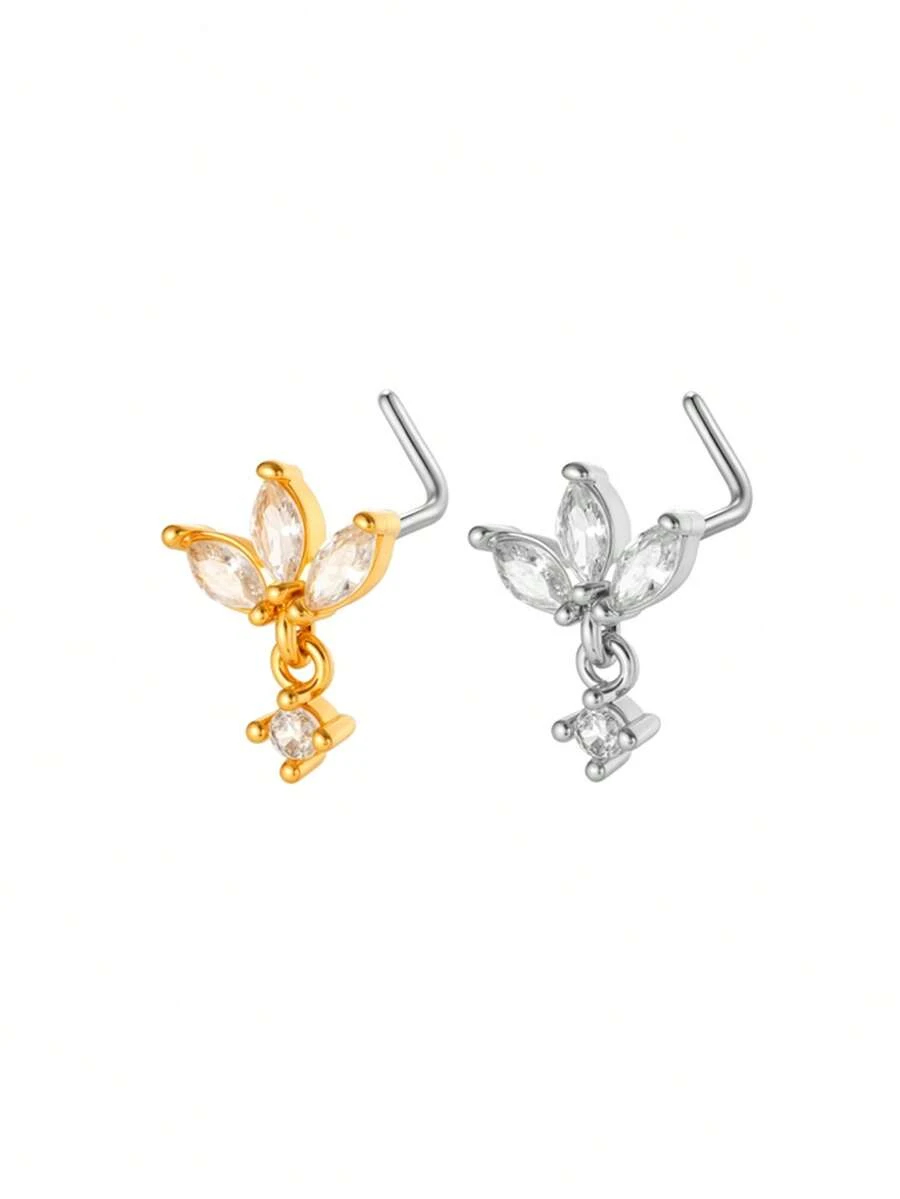 Toppiercing 1pc Minimalist Versatile Micro-Inlaid Zirconia Creative L-Shaped Nose Stud, Fashion Nose Piercing Jewelry - Multicolor - View 1