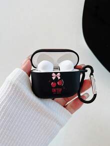 1pc Black Matte Butterfly & Cherry Print Protective Case With Black Hook, Compatible With Apple Bluetooth Earphones (Earphones Not Included) - Multicolor - View 5