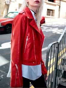 Women's Faux Leather Motorcycle Rider Short Jacket - Bright Red - View 3