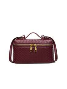 1pc Fashion Women's Crossbody Bag, Solid Color Square Handbag, Box-Shaped, PU Leather Woven Texture, Zipper Closure, Adjustable Strap, Casual Daily Bag Suitable For Young Women - Travel, Work, Shopping, Dating, Gift, Office - Burgundy - View 10