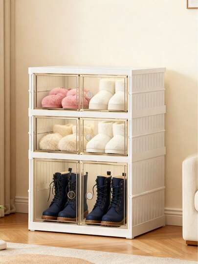 Three-Tier Foldable Shoe Cabinet Storage Box With Transparent Magnetic Door, Capable Of Accommodating Up To, Easy To Assemble. Foldable Shoe Rack With Wheels, Suitable For Storage In Cabinets, Entrances, And Living Rooms