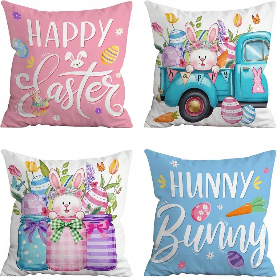 4pcs Easter Farmhouse Style Throw Pillow Covers, "HAPPY Easter, HUNNY Bunny" Cartoon Rabbit & Egg Design, Polyester Fabric Single-Sided Printed Zippered Pillow Shams, Suitable For Porch, Sofa, Living Room, Bedroom Decor, Rustic Aesthetic, 45*45cm (Inner Pillow Not Included) - Multicolor - View 1