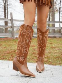 Women's Western Style Pointed Toe Mid-Calf Boots, Embroidered Chunky Heel Cowboy Boots - Brown - View 6