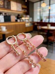 1 Pair Fashionable Purple Rhinestone Teardrop Shape Stud Earrings With Tassels - Water Drop - View 7