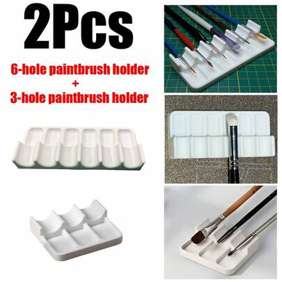 2pcs Portable Plastic (6-Hole Brush Holder + 3-Hole Brush Holder) (3 Color Options) - Brush Storage Box, Front Tray Design For Easy Cleaning, Prevents Stains On Desk, Portable And Space-Saving, Compact Art Supply Organizer Suitable For Watercolor, Acrylic, Oil Painting Brushes - Lightweight , Ideal For Artists, Hobbyists, Travel, Portable Brush Organizer, Also Great For Art Studio Supplies