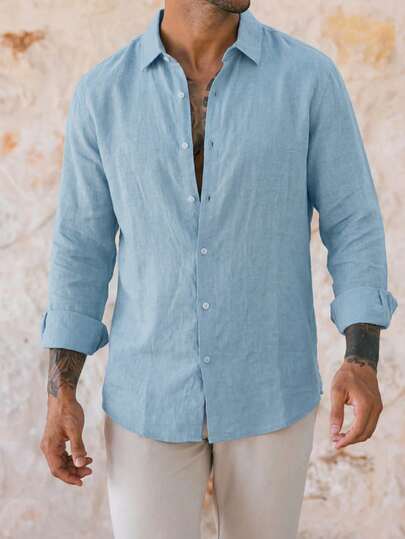 Men's Premium Glacier Blue Pure Cotton Linen Style Shirt, Understated Luxury Solid Color Long Sleeve Top, Breathable Textured Fabric, Vacation Outfit, Casual Loose Beach Shirt