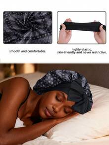 1 chiếc mũ ngủ bằng satin thắt nơ, màu trơn, co giãn, nhẹ, thích hợp cho nữ và bé gái, màu đen. - màu đen - Xem 8