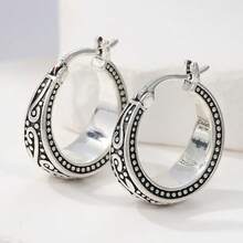 一对复古手工铜质纹理圆环耳环，波西米亚风格，送给她的完美礼物，适合度假佩戴 - 復古銀色 - 查看 3