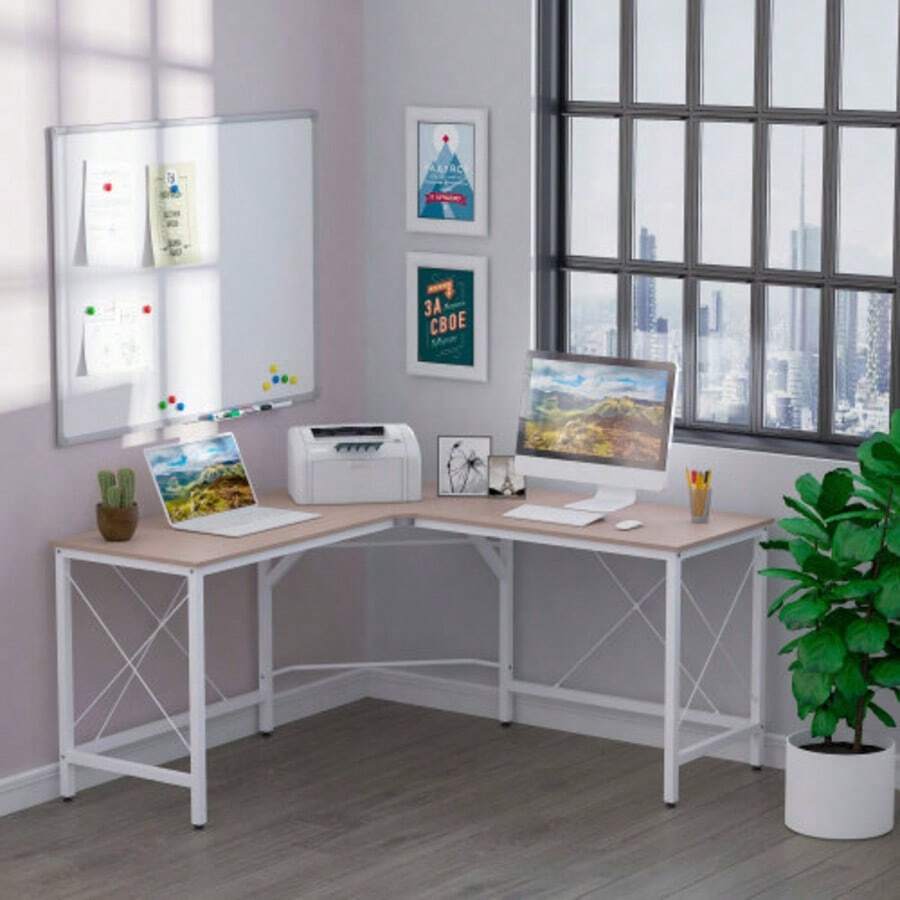L-Shaped Corner Office Desk, 150x150x76cm, Made Of MDF (MDF), Ideal For Home Office And Study - Khaki - View 1
