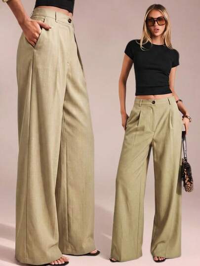 Women's New Fashionable Elegant Casual Wide Leg Long Suit Pants, With Pockets, Buttons And Zipper Closure, Textured Fabric, Suitable For Spring/Summer, Date Night, Office, Airport, Casual Street Wear