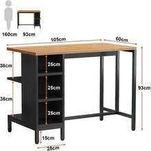 Mesa de bar, isla de cocina con 5 estantes abiertos y una gran superficie de trabajo, isla con mesa de corte de estilo industrial (taburete no incluido) - Negro - Ver 5