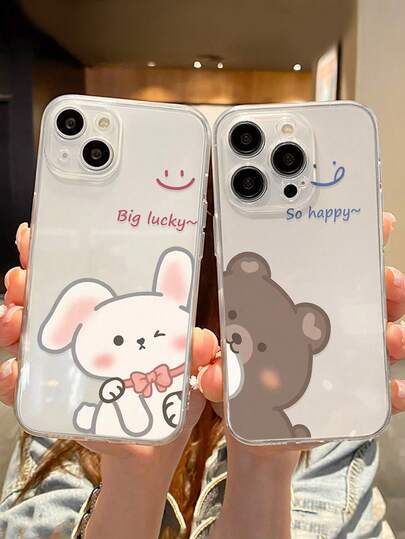 2pcs Precision Perforated High Transparency Rabbit & Bear Painted Anti-Drop Transparent Phone Case Compatible With IPhone 17pro/17Air /17/17promax16/11/16pro/16plus/16promax/16e/15Promax/13/14/12/XS/XR/7G/8P, Compatible With Samsung Galaxy 11/12Pro/12/12X/13Pro/14Pro/15Pro/, Compatible With Redmi 10/9/Note9/12c/Note11pro/Note8Pro