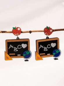 1 Pair Cute Teacher's Day Earrings For Women, Apple, Chalkboard, Ruler, Globe Pendant Earrings, Back To School, Graduation Gift For Teachers (Card Not Included) - Multicolor - View 2