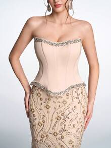 Anymoon 女士优雅水钻亮片花卉图案露背抹胸晚礼服 - 香檳色 - 查看 9