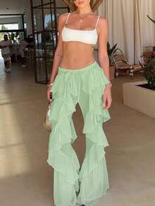 Outdoor Fashionable Tie-Up Ruffle Hem Flared Pants, Spring/Summer Vacation - Green - View 5
