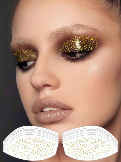 6张金色眼部纹身贴纸，闪光眼线纹身，星星眼影贴纸，防水眼妆贴纸，女士化妆派对礼品，节日舞会狂欢节情人节配饰