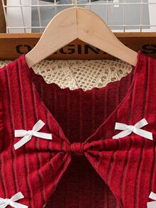 Young Girl' Fashion Casual Cute Set, Knitted Bow Jacket + Knitted Bow Strap Dress - Red - View 3