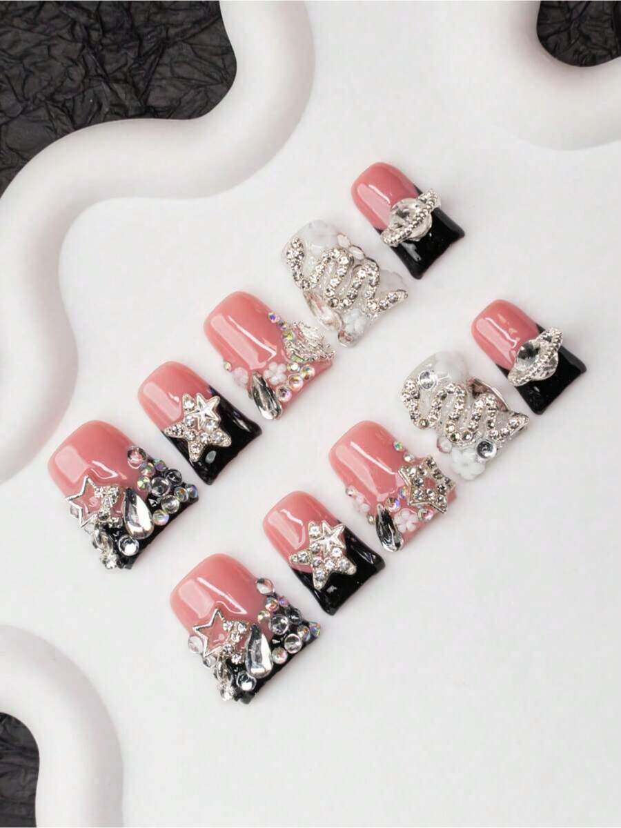 10Pcs Handmade Y2K-Style Duck Mouth Nail Tips Nude And Black Colors With French Tip Crystal Snake Flower Planet Star Elements Suitable For Parties Balls Daily Wear Unisex For Women And Girls Comes With Accessories Great Gift Press On Nails Nail Supplies Nails - Multicolor - 查看 1