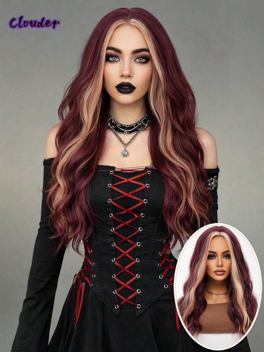 clouder Gothic Punk Grape Red Highlighted Orange Long Wavy Curly Wig 26-Inch Center Part Bangs Heat-Resistant Synthetic Fiber Wig Women's Soft Voluminous Curls Suitable For Daily Cosplay, Street Style, Holiday Parties, Music Festivals, Y2K Aesthetic, Avant-Garde College Style, Modern Fashion Punk Looks - 挑染棕色 - 查看 1