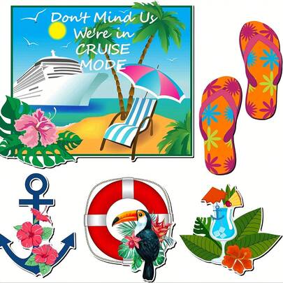 Set de 6 piezas de decoración de puerta con temática de crucero, que incluye imanes con forma de chanclas, timón de barco y salvavidas, ideal para decorar tu camarote o el refrigerador del auto durante el carnaval