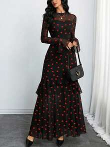 Vuslat 女士黑色红色爱心印花网纱长款连衣裙，立领长袖，层叠荷叶边下摆，优雅百搭，适合情人节派对、鸡尾酒会、街头漫步、约会等场合。 - 紅色 - 查看 10