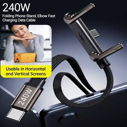 Cable de carga retráctil 2 en 1 de carga súper rápida de 240W con soporte para teléfono, adecuado para juegos, oficina, viajes en coche, compatible con dispositivos Type-C, negro, compatible con iPhone 17, 17 Pro Max, 16, 16 Plus, 16 Pro, 16 Pro Max, compatible con Redmi, compatible con cargador OnePlus