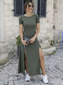 Women's Short-Sleeved, Backless, Slit-Detailed Viscose Dress. , 31145 - Khaki - View 2