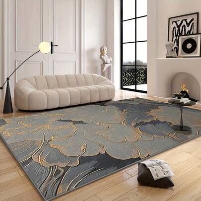 1pc Abstract Art Style Grey, Blue And Gold Abstract Texture Pattern Rug. Faux Wool Fabric, Approx. 850g, 0.6cm Thick. Durable/Non-Slip/Easy To Clean. Available In Multiple Sizes. Suitable For Kitchen/Living Room/Dining Room/Bedroom/Balcony/Bathroom/Study. Perfect Choice For Home Decor.