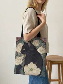 Cat Print Double-Sided Printing Shoulder Tote Bag, Casual Travel Beach Bag, Large Capacity Reusable Shoulder Shopping Bag, Women Casual Shoulder Bag, Tote Bag, Large Capacity Canvas Beach Bag, Tote Bag, Shopping Bag, Printed Women Grocery Shoulder Bag - Multicolor - View 2