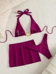 Conjunto de biquíni de 3 peças para mulher, cor lisa com acessórios de metal, top halter, calcinha com amarrações laterais & minissaia com fenda lateral, roupa de praia estilosa para férias de verão - Roxa - Ver 3