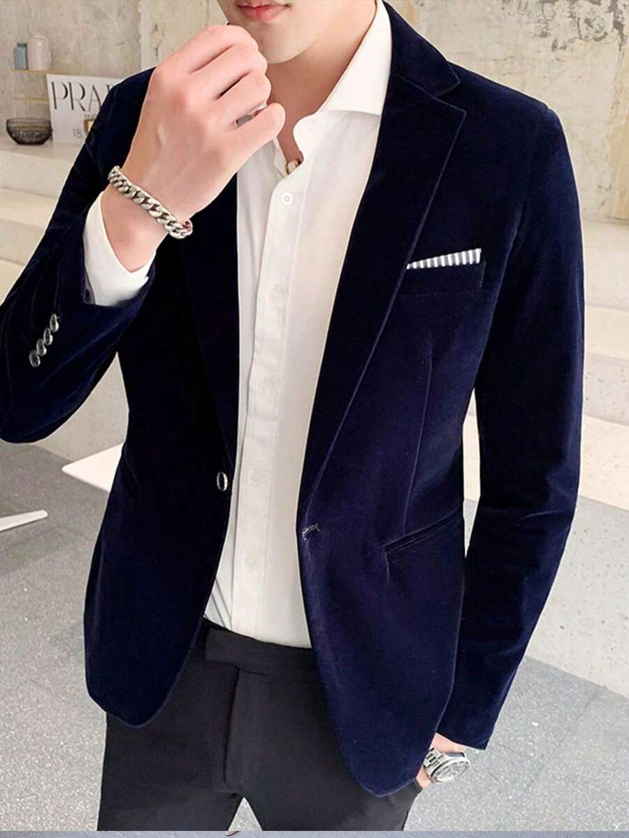 Men's Notched Lapel Single-Breasted Casual Commuter Office Suit Jacket - Navy Blue - View 1