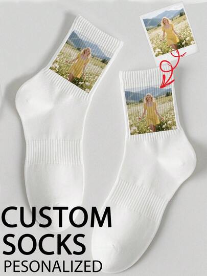 1 Pair Customized Round Neck Socks, Personalized Face Socks, Couples Socks, Customized Photo Socks, Customized Printed Socks, Funny Personalized Face Socks, Customized Pattern Socks, Can Print Any Face On Socks, Suitable For Anniversary, Valentine's Day, Birthday, Wedding, Mother's Day, Father's Day, Best Friend, Gift For Mom/Dad, Autumn/Winter Sports Socks