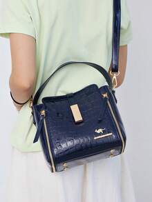 女士漆皮手提包，高品质内部插袋，皮革水桶包，女士单肩包，奢侈品牌斜挎包 - 藍色 - 查看 2