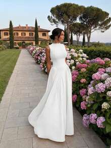 Robe de cocktail mini élégante à col rond sans manches, taille froncée, coupe slim, couleur unie élégante. Robes d'été pour femmes blanches - Blanc - Voir 2