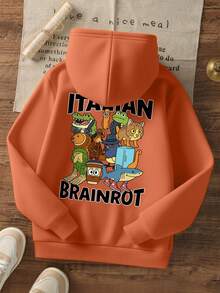 1件装男童休闲印花套头卫衣，保暖内衬，长袖，秋冬季 - 橘色 - 查看 6