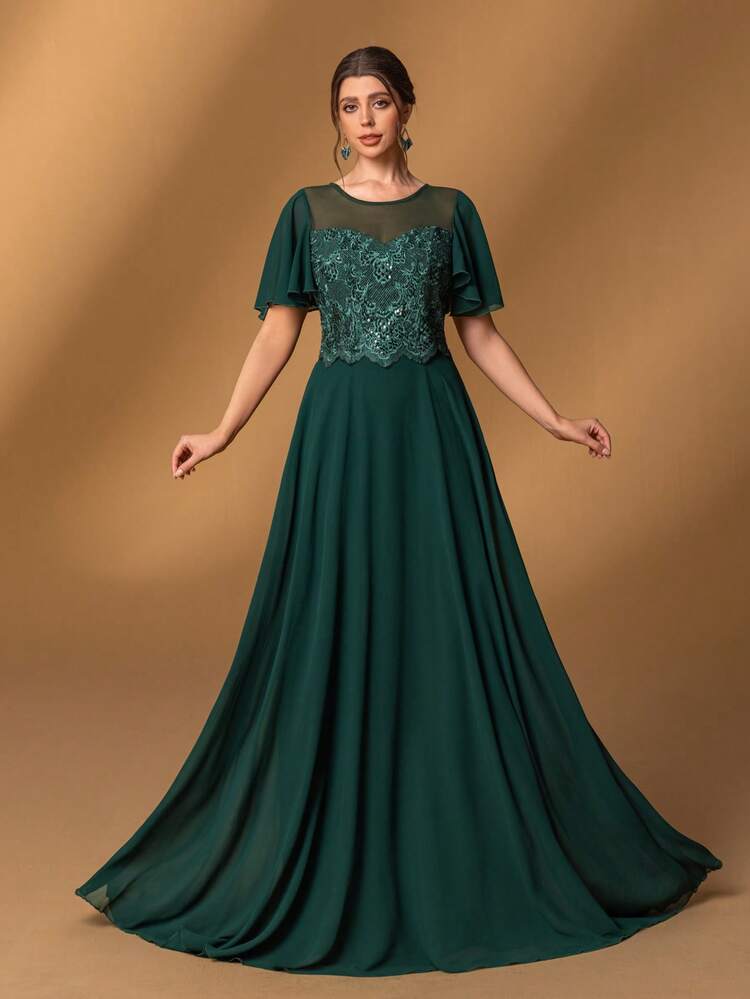 Ball Gowns Ruffles Lace Green Wedding Dresses Faeriesty Elegant Dark Green Embroidered Lace Dress, Ruffle Sleeves