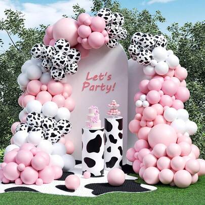 134pcs Farm Cow-Themed Balloon Arch Set, Includes Pink, Light Pink, And Cow-Print Latex Balloons. Perfect For Birthday Parties, Baby Showers, First Birthday Parties, Farmhouse/Barn Parties, And Farm Cowboy-Themed Party Supplies.