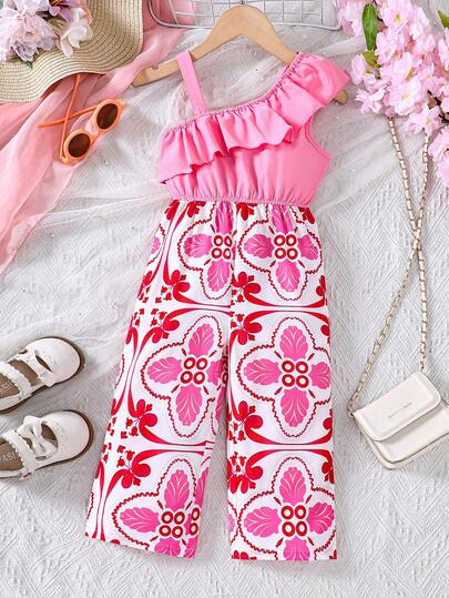 Young Girls' Summer Ruffled Asymmetric Shoulder Strap Patchwork Print Long Jumpsuit Sleeveless Casual Romper