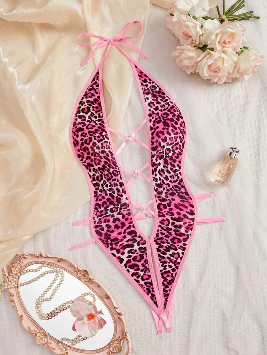 Valentine's Day Surprise Gift Women's Sexy Lingerie Lace-Up Halter Neck Leopard Print Open Crotch Bodysuit Tie-Waist Belt With Metal Ring Connections And Cross-Strap Design Erotic Teddy - Hot Pink - View 1