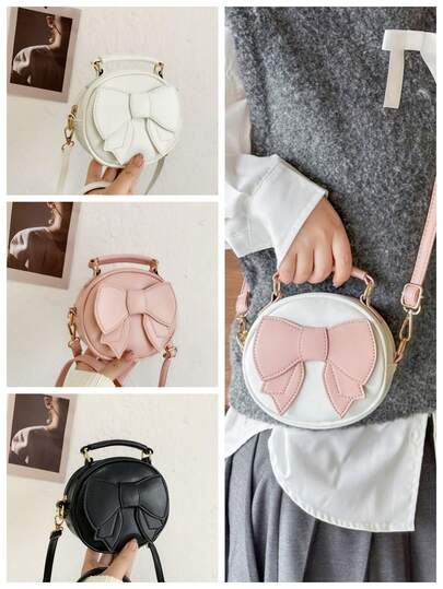 1pc Girls' Contrast Color Bow PU Zipper Closure Fashion Handbag Shoulder Bag, Suitable For Daily Use All Seasons