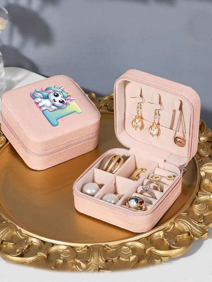 1个个性化独角兽字母印花皮革首饰戒指盒，拉链首饰盒，情人节礼物 - 彩色 - 查看 1