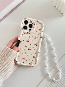 防震樱桃图案新颖奶油色纹理波浪边亮面心形、樱桃、蝴蝶结装饰彩绘防摔手机壳，配串珠手链配件，兼容 17 Pro/17 Air/17/17 Pro Max/16/11/16 Pro/16 Plus/16 Pro Max/16 e/15 Pro Max/13/14/12/XS/XR/7G/8P、Galaxy，国际版，非国内版，春季礼物 - 彩色 - 查看 2