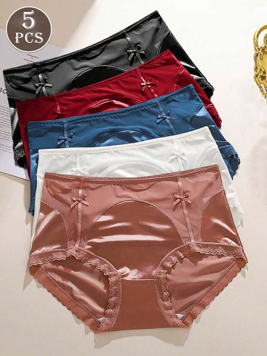 5条装女士缎面法式蕾丝性感网纱半透视蝴蝶结弹力中腰三角内裤 - 彩色 - 查看 1
