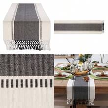 Dobby Stripe Woven Table Runner 13x72 Black - Black+13x72" - View 1