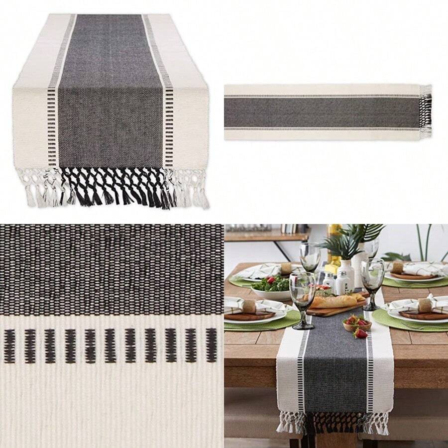 Dobby Stripe Woven Table Runner 13x72 Black - Black+13x72" - View 1