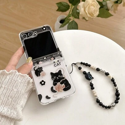 Funda plegable para teléfono con diseño de gato negro de dibujos animados y flores, nueva funda plegable para teléfono con cadena, compatible con Samsung Galaxy Z Flip3 5G/Galaxy Z Flip 4 5G/Galaxy Z Flip 5 5G/Galaxy Z Flip 6 5G/Galaxy Z Flip 7 5G, cubierta protectora plegable con diseño de dibujos animados lindos, regalo de cumpleaños de primavera