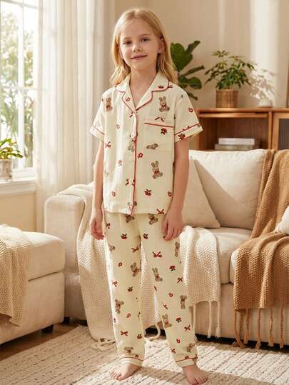 女童小熊印花睡衣套装，短袖纽扣衬衫搭配小熊印花长裤，家居睡衣