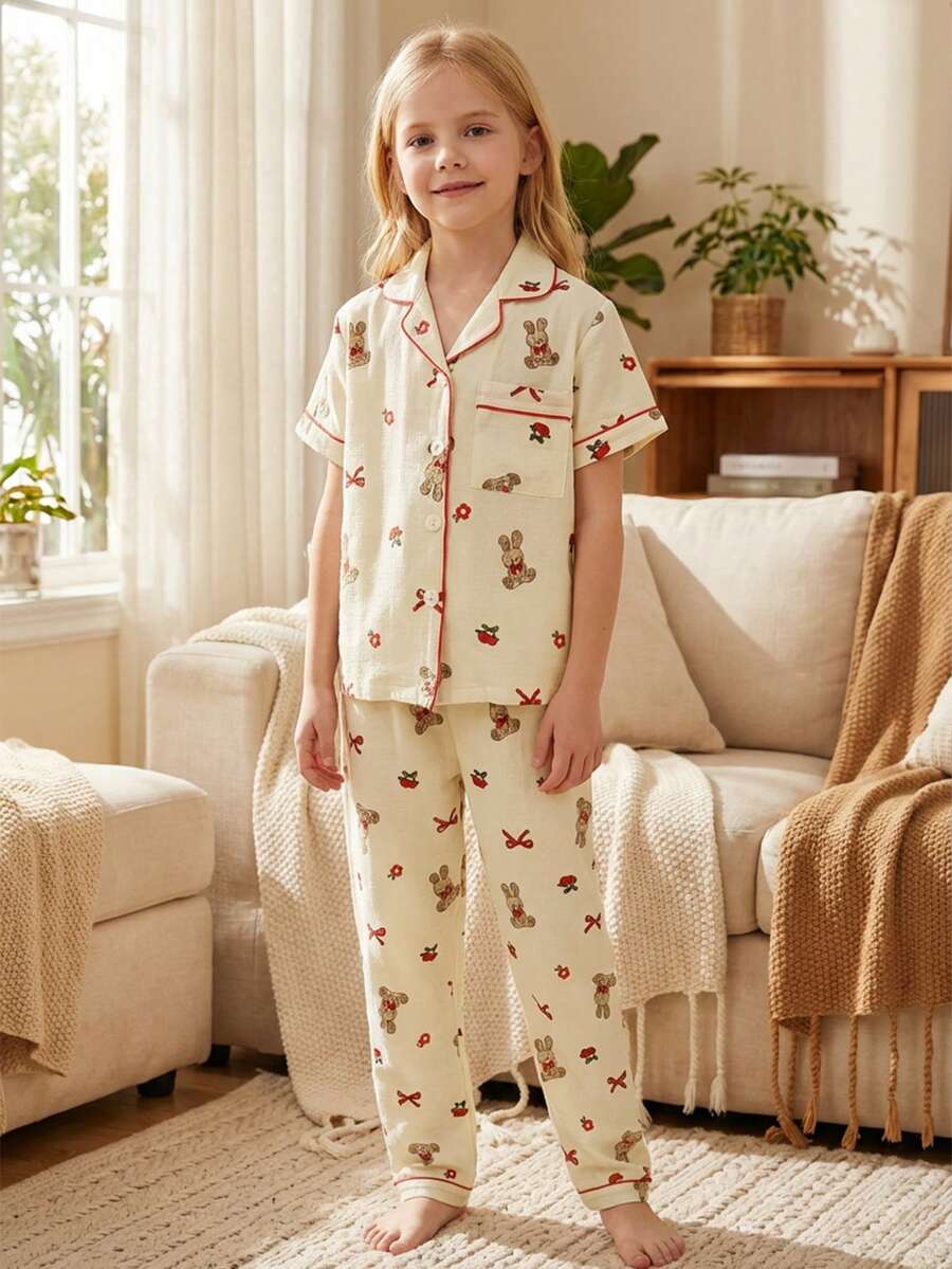 Bộ đồ ngủ in hình gấu cho bé gái, áo tay ngắn cài cúc phía trước và quần in hình gấu, đồ ngủ mặc nhà. - Màu be - Xem 1