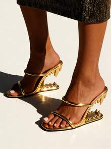 Sandals For Women Shark Teeth Heeled Sandals Backless Round Toe Heels Dressy Ladies Party Wedding Fashion Office Clubbing Work Courts Shoes - 金色 - 查看 6